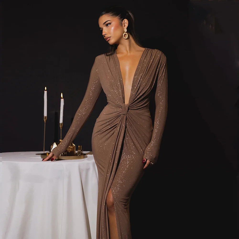 

Fashionable Sexy Deep V-neck Hot girl Slit Slim Dress Nightclub Party Dresses Pleats Long Sleeves Mermaid Gowns Real Picture