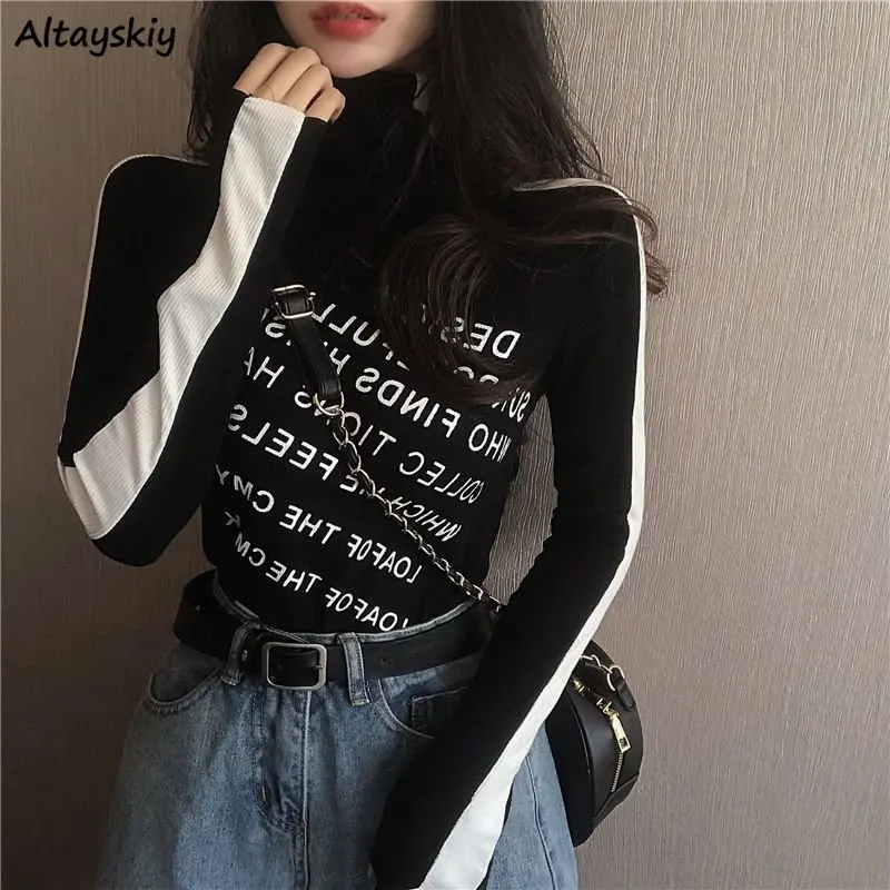 Print Turtleneck Long Sleeve T-shirts for Women Elegant Skinny Autumn Tops Ropa Mujer Sexy Harajuku Korean Fashion Retro Females