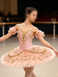 Tutú de ballet amarillo para niñas, traje de competición profesional, skir, rosa, melocotón, panqueque, ropa de baile de escenario, 9233