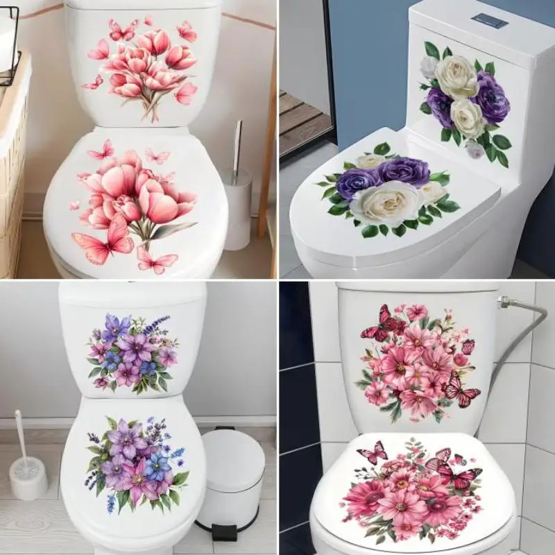 Floral Toilet Lid Sticker Waterproof Moisture Proof Peel and Stick Decal for Bathroom Wall Home Restroom Decoration