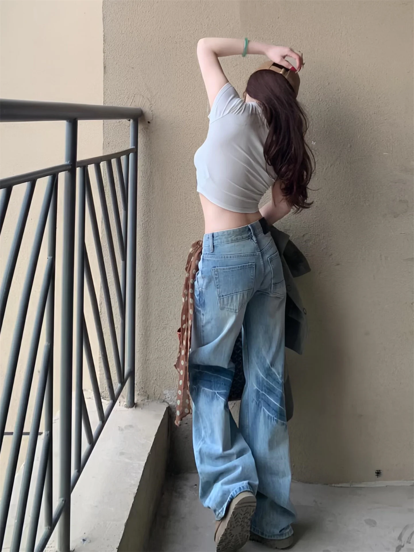 

Extended American Retro Y2K Low Waist Flared Jeans Women's Loose Drapey Vintage Dragging Pants Cotton Casual Trousers