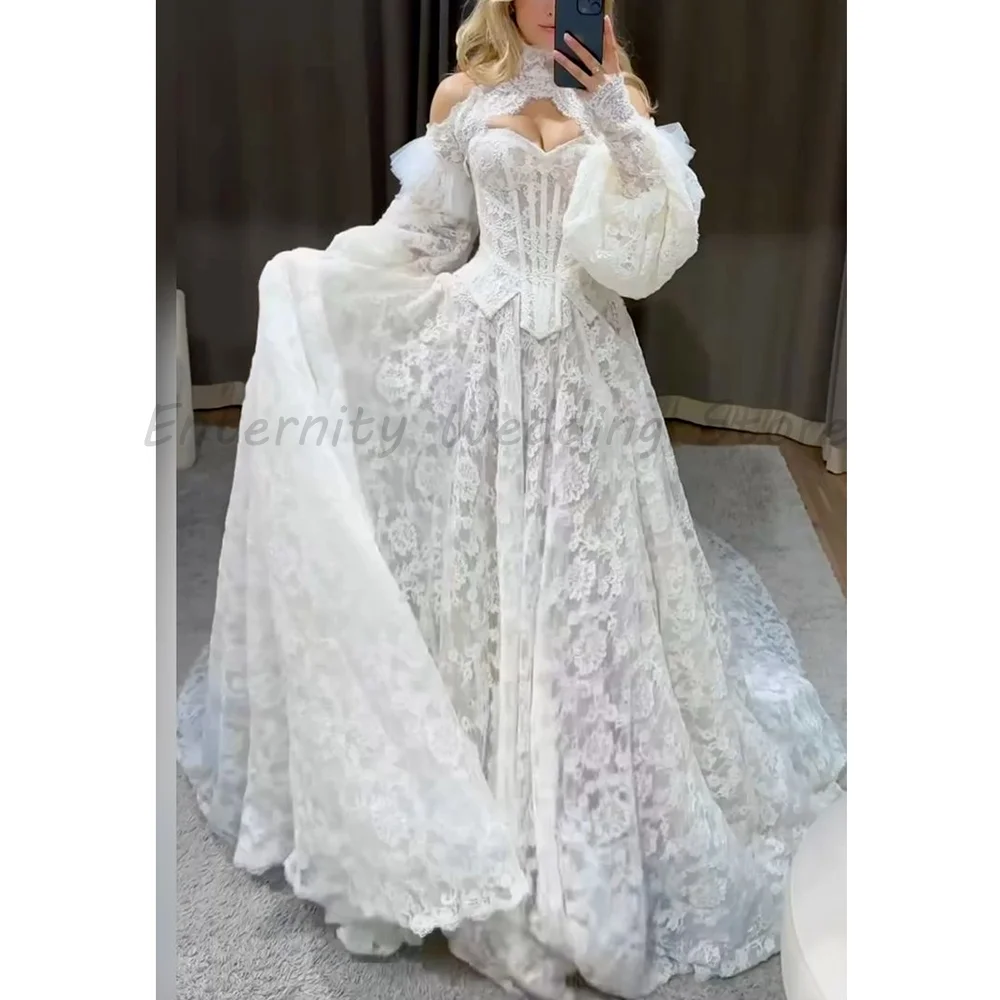 Vintage Lace Wedding Dress High Neck Cut Out Off Shoulder Long Puffy Sleeve Corset Bridal Gown With Cathedral Train