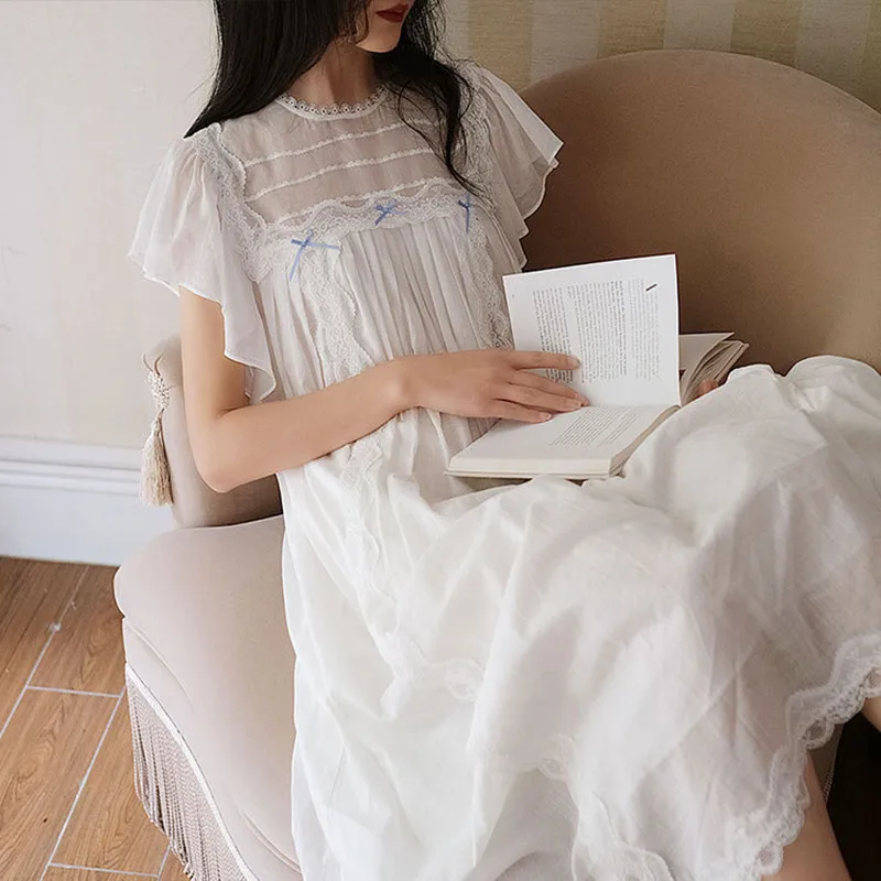 Clearancce Sales Princess Vintage Nightgowns Comfortable Cotton Women Nightdress Sweet Lace Long Nightie Sleepwear Low Price - view 3