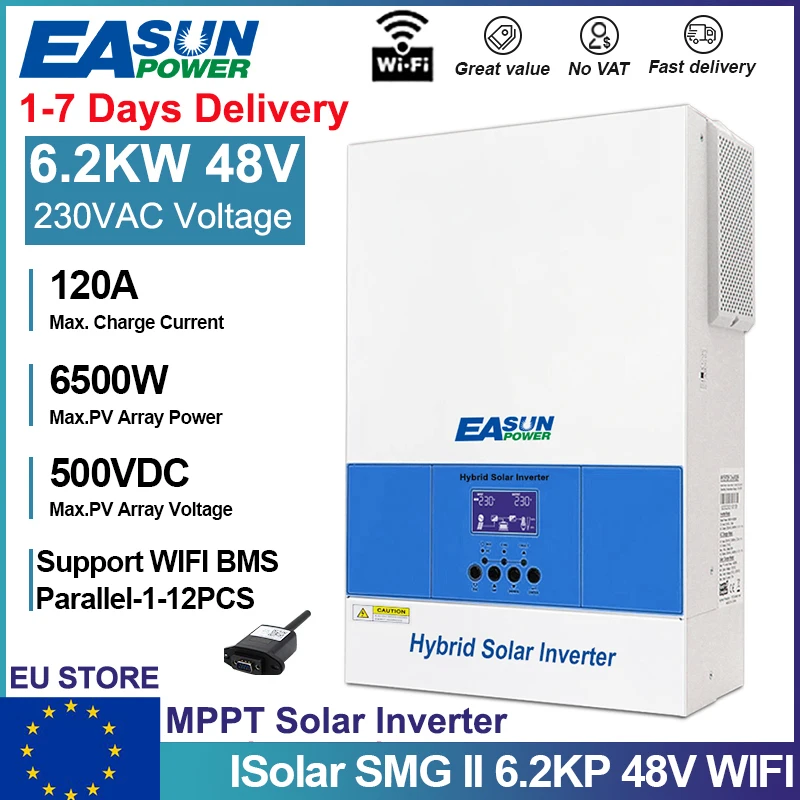 EASUN 6.2KW 4KW 3.2KW 2KW Hybrid Solar Inverter 48V 24V 12V 220VAC Built-In 120A MPPT Solar Controller PV Input 500VAC Pure Sine Wave Off Grid Inverter With WIFI BMS EU Stock No Tax