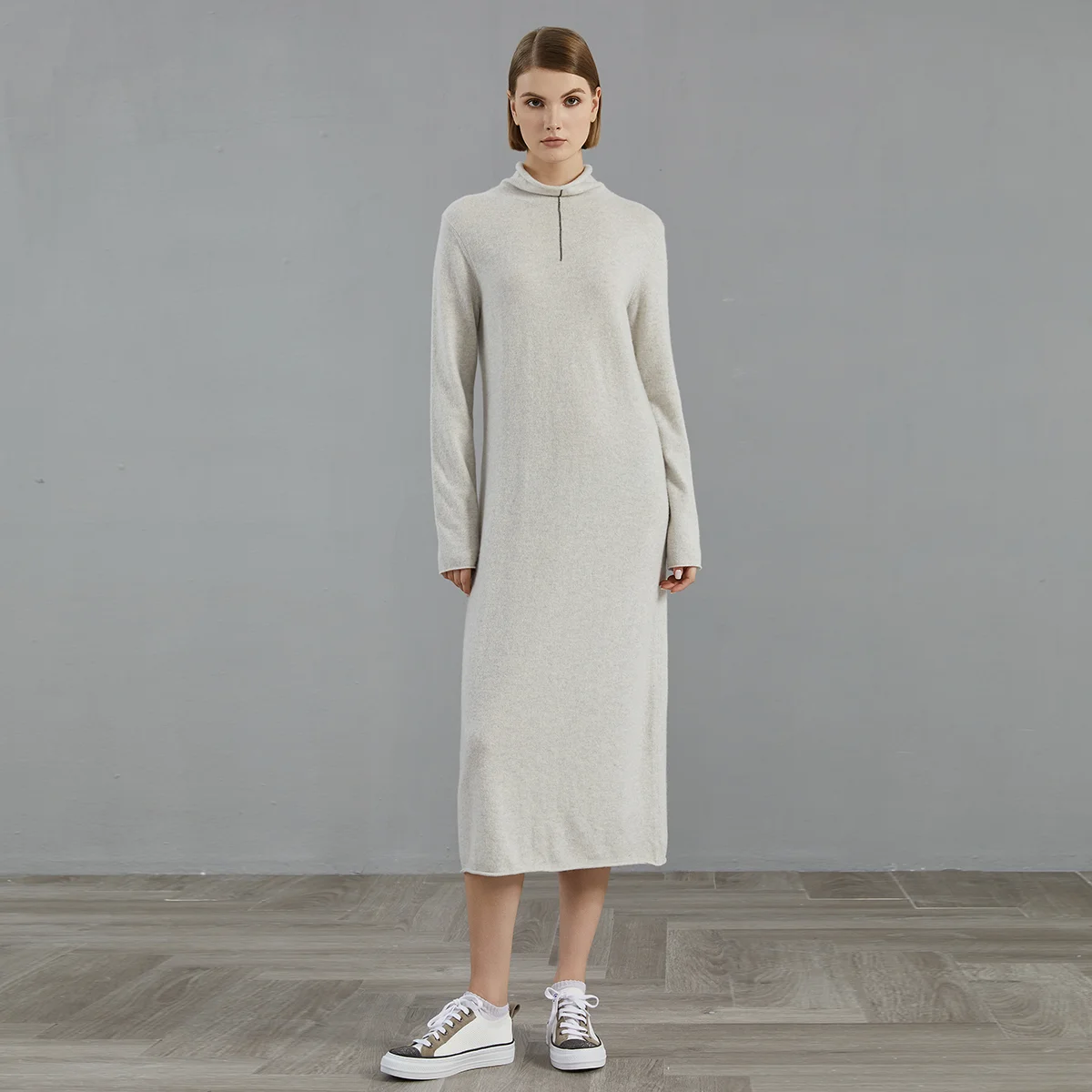 BC810 In Stock Designer Style Women’s Cashmere Knit Dress Pure Cashmere Turtleneck Long Dress Elegant Minimalist Winter Outfit