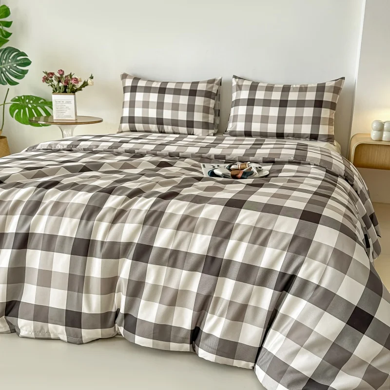 3pcs brown plaid Duvet Cover Set (1*Duvet Cover + 2*Pillowcase, Without Core),Bedding Set
