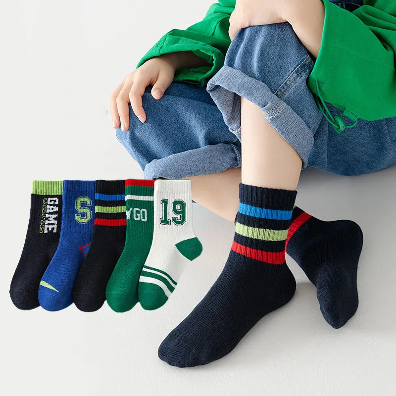 5Pair Thick Cotton Children Mid Tube Socks Odor Resistant Boys Sport Sock Fashion Letter Kids Socks Spring Autumn Baby Footwear