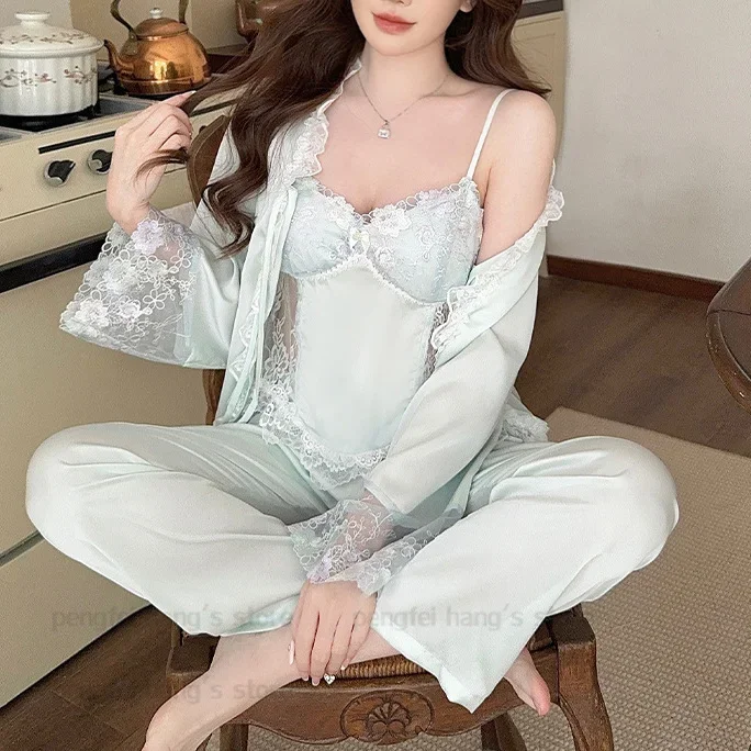 Sweet Lace Trim Pijamas De Mujer Luxury 3 Pieces Pajamas Set Women Homewear Long Sleeve Pijama Mujer Satin Loungewear Nightwear 6