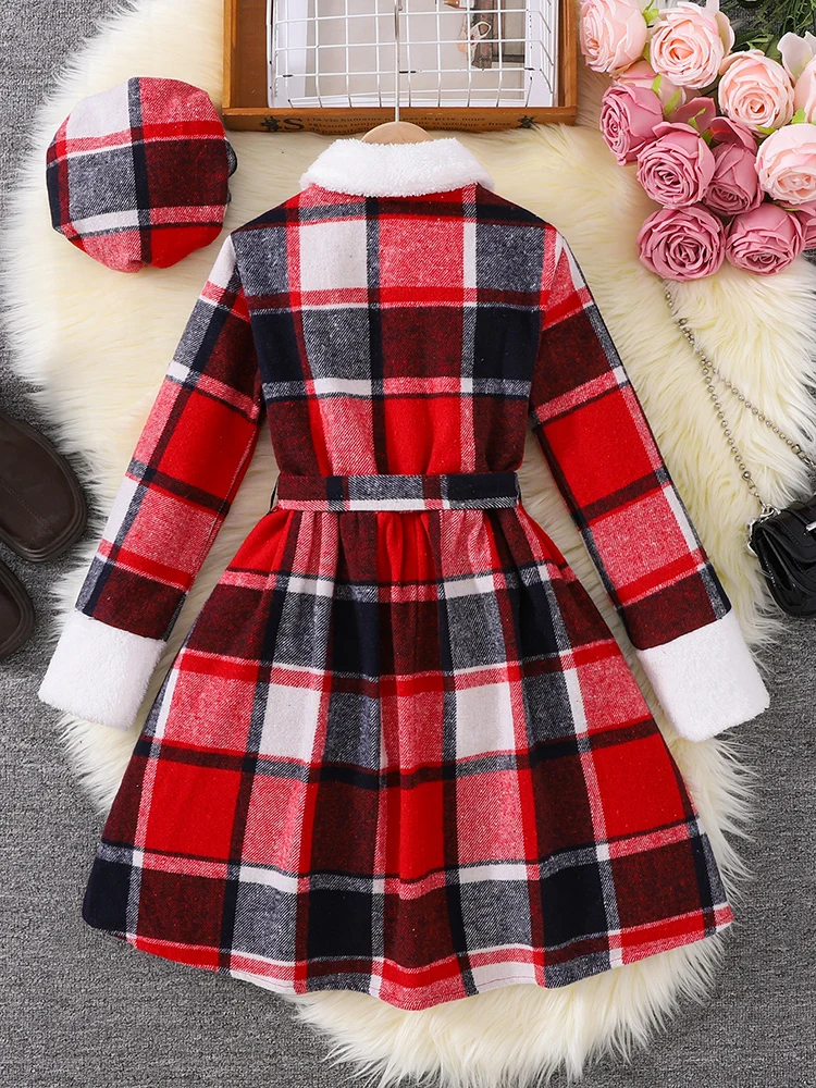 Autumn And Winter Women's Middle School And Children's Casual Fashion Retro Collar Two Tone Checkered Dress&Hat Two Piece Set