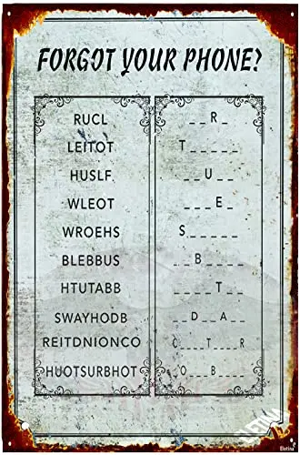 Vintage Metal Tin Sign Crossword Puzzle Tin Sign for Restroom,‘Forgot Your phone'World Puzzle Vintage Novelty Metal Wall Pic