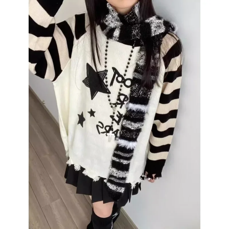 Star Letter Sweater Striped Print Y2k Subculture Long Sleeve Women\'s Black White Pullovers Jumpers Casual Harajuku Sweaters