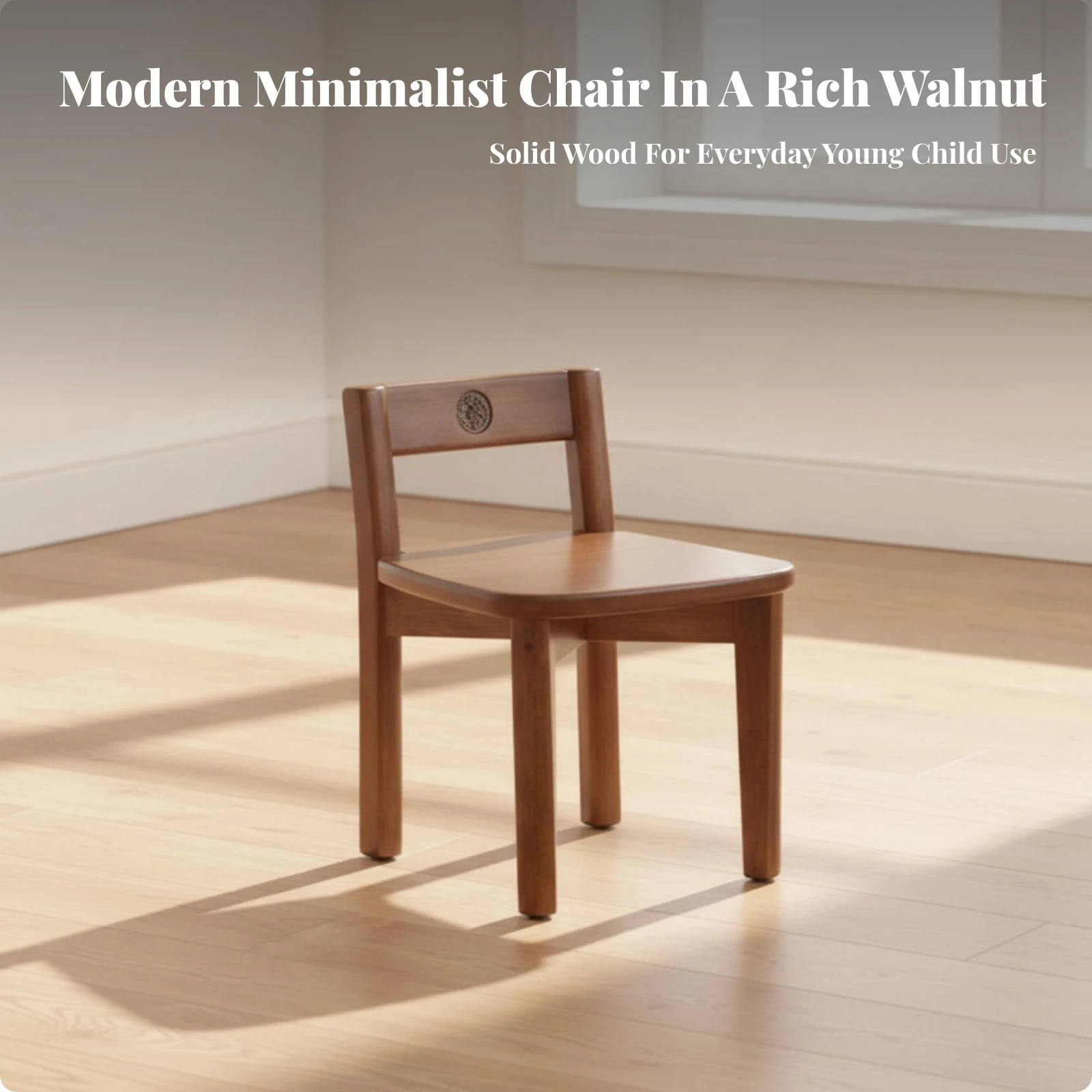 Solid Wood Chair with Low Backrest Heavy Duty Wood Chair with Decorative Backrest Emblem Wooden Dining Chairs Compact Rustic