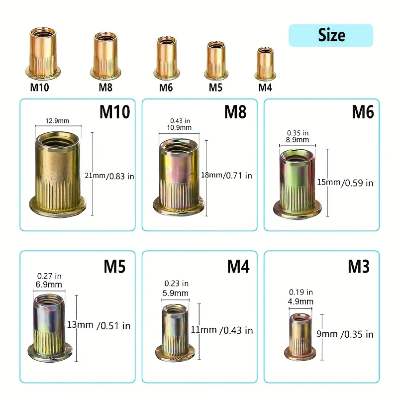220Pcs Color-Coated Carbon Steel Rivet Nut Assortment, M3-M10 Rivet Nuts, For Car Bumpers, License Plates, Doors & Windows Insta