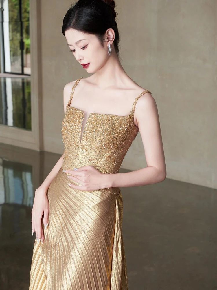 

Ele Long Dr for Wedding Performance Heavy Work Strap Design Bridal Gown Gold Color Low Waist No Sve Polyester Fiber