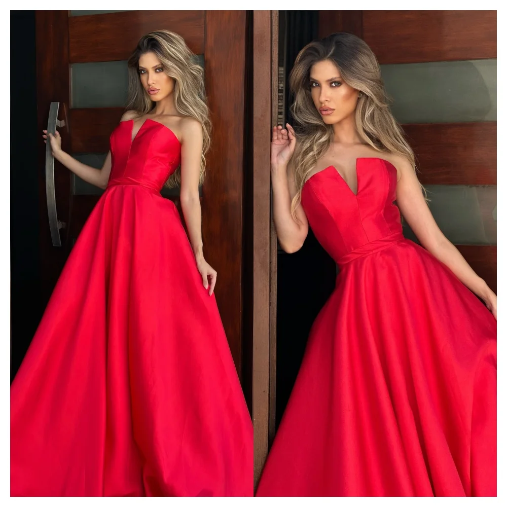 Customized Formal Red Satin Evening Dress Fashion Strapless Sleeveless Party Dress Temperament  A-Line Floor Length Prom Dress