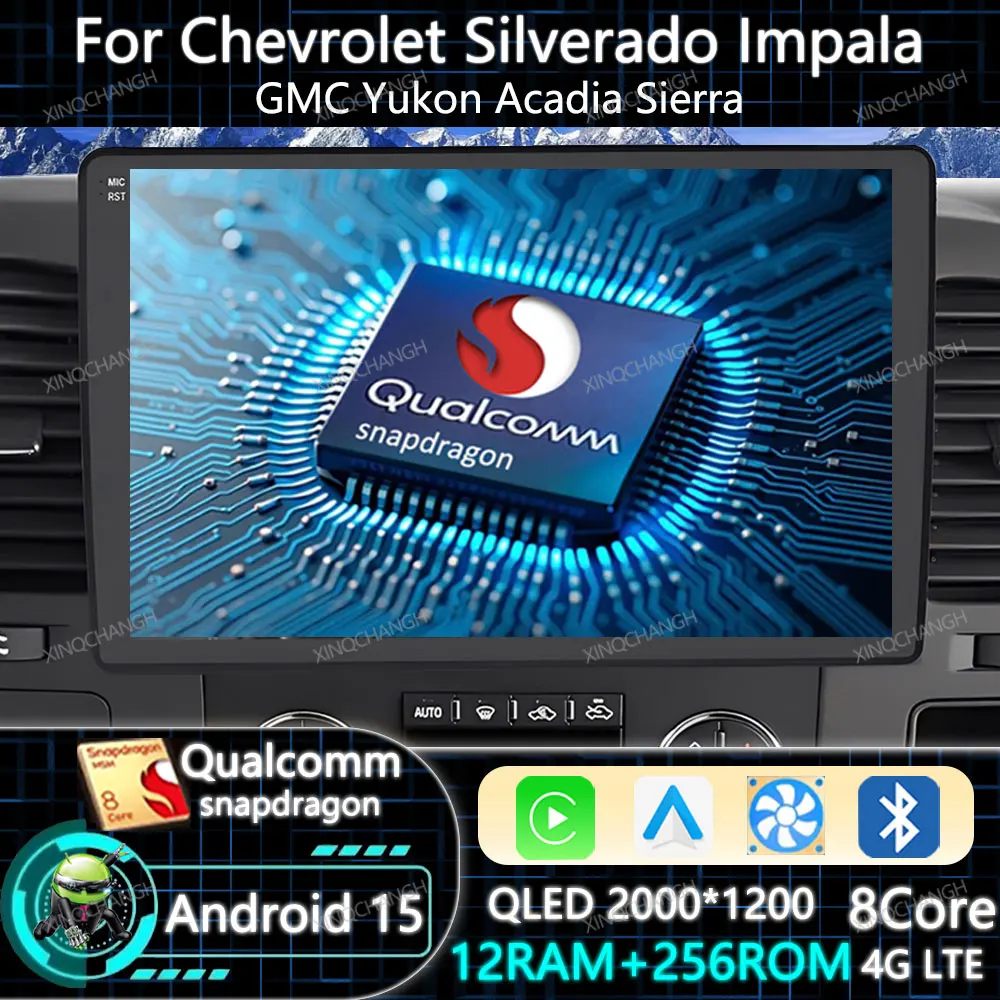 Android 15 Radio de coche Carplay Auto para Chevrolet Silverado Impala GMC Yukon Acadia Sierra navegación GPS Qualcomm BT 2DIN QLED