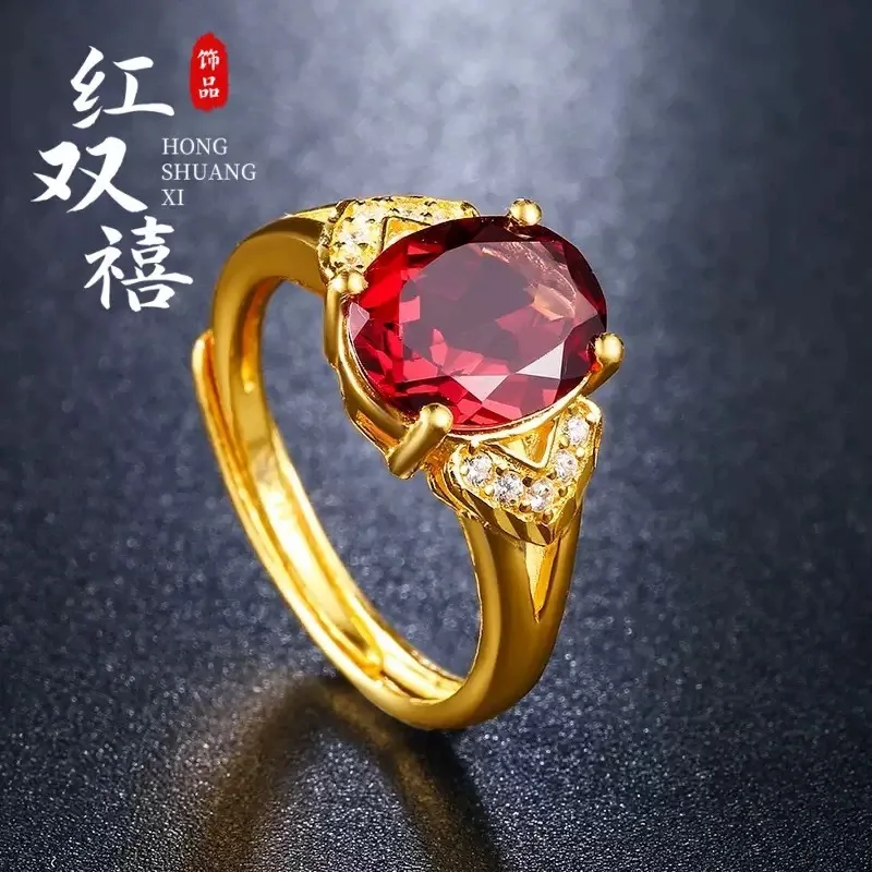 24K Gold Garnet AU999 Pure Gold Ring Natural Red Crystal Inlaid Adjustable Opening Ring Gold Jewelry