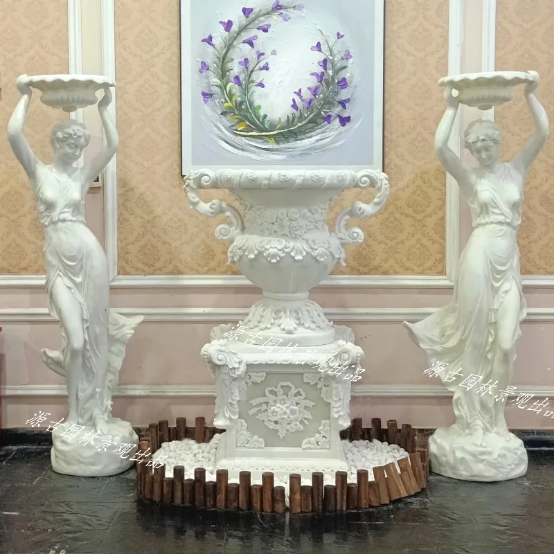 European large outdoor welcome beautiful woman sandstone sculpture hotel clubhouse entrance resin Muse flowerpot sculpture ornam