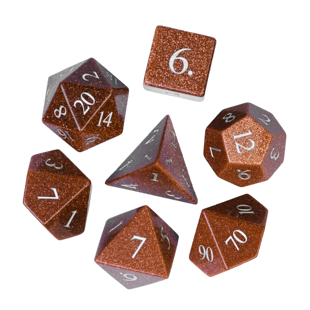 

Cusdie Handmade Goldstone Dice DND, 7Pcs 16mm Polyhedral Stone Dice Set with Leather Box, Gemstone D&D Dices for Collection