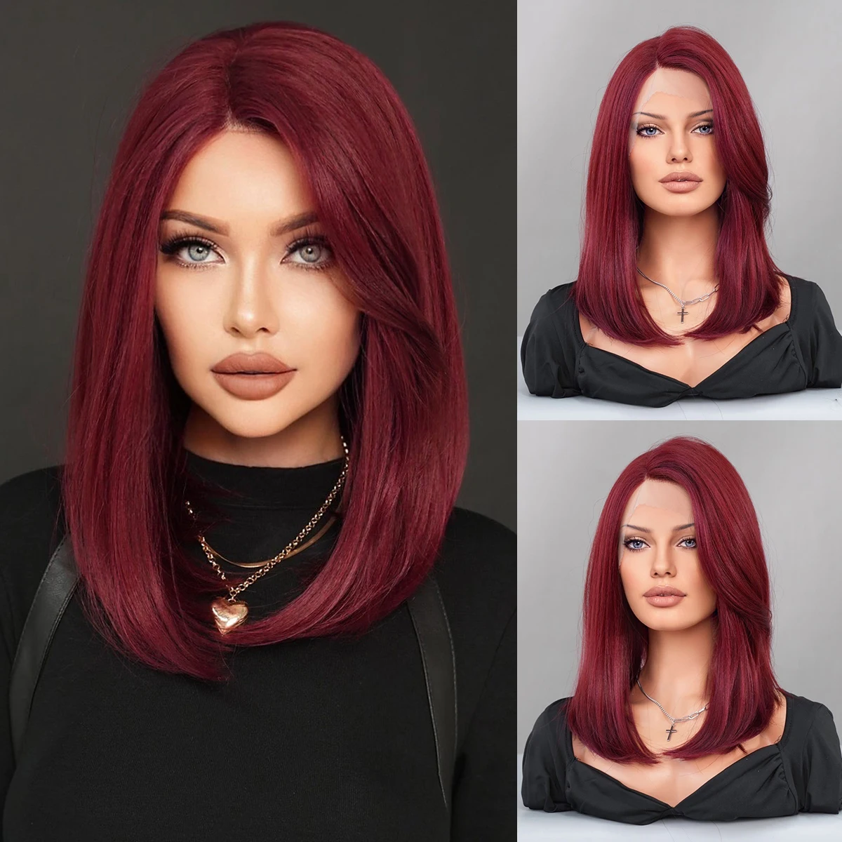 Lace Front Wig Shoulder Length Middle Part Wine Red Lace Bob Wigs for Black Women High Density Synthetic Layered T Part Lace Wig