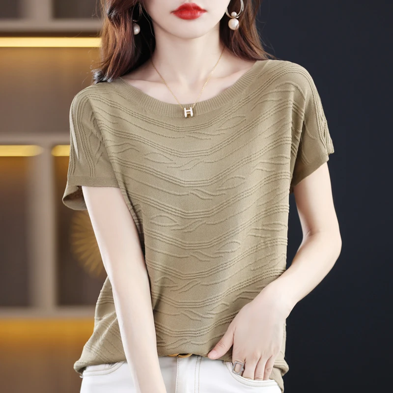 Round Neck Ice Silk Short Sleeved Women's Korean Summer Thin Solid Color Loose Top T-Shirt