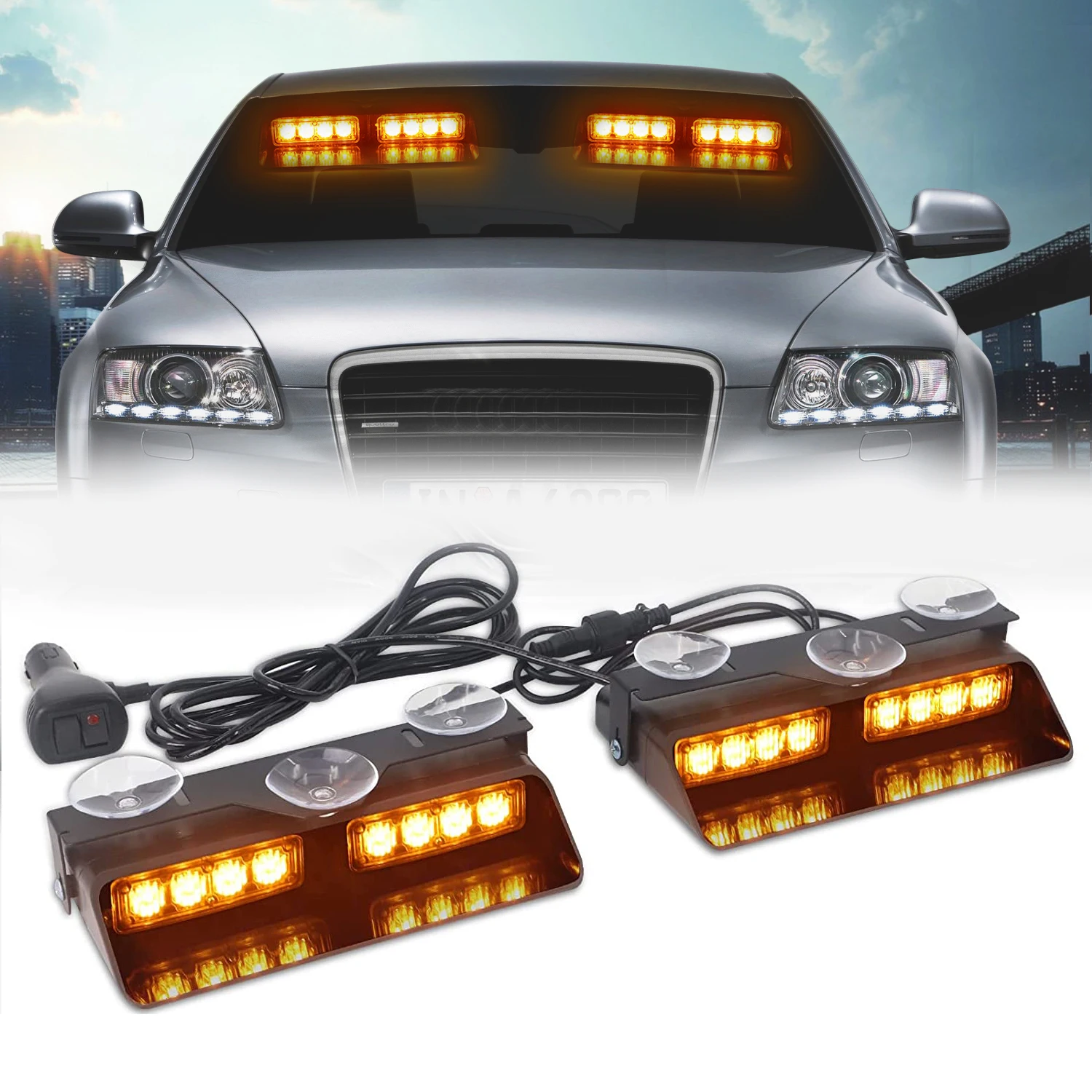 

2 in 1 Yellow Red Blue Car Emergency Strobe Light LED Police Lights Hazard Warning Flashing Safety Front/Rear Windshield Lamps