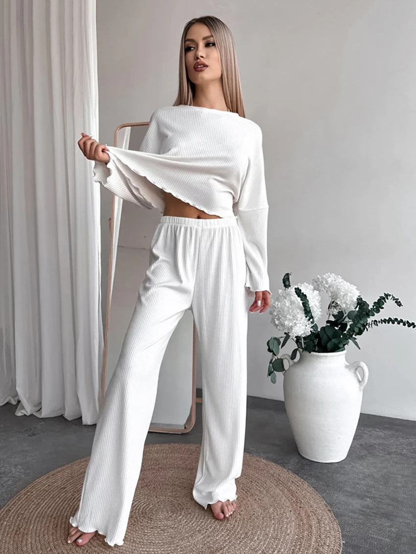 Marthaqiqi Knitted Female Sleepwear 2 Piece Set O-Neck Pajamas Long Sleeve Nightie Crop Top Nightwear Pants Casual Home Clothes