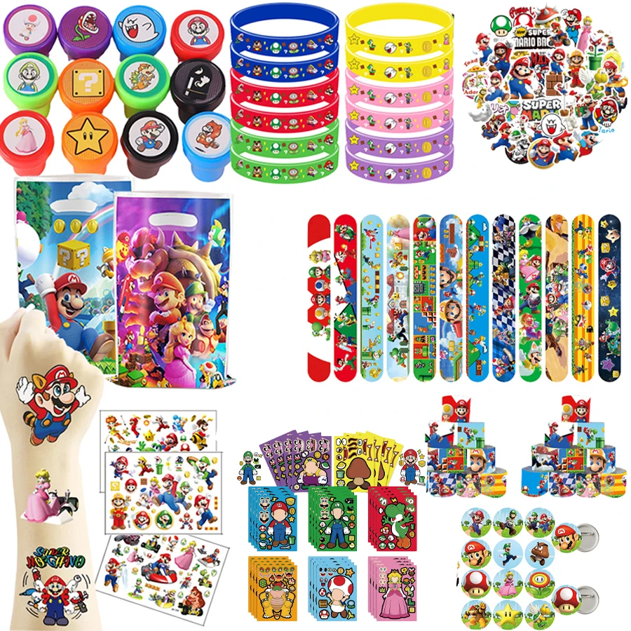 Super Marios Bro Kids Birthday Party Favor Supplies Reusable Masks Slap Bracelets Paper Bags Keychains Gift Bag Ring Decorations