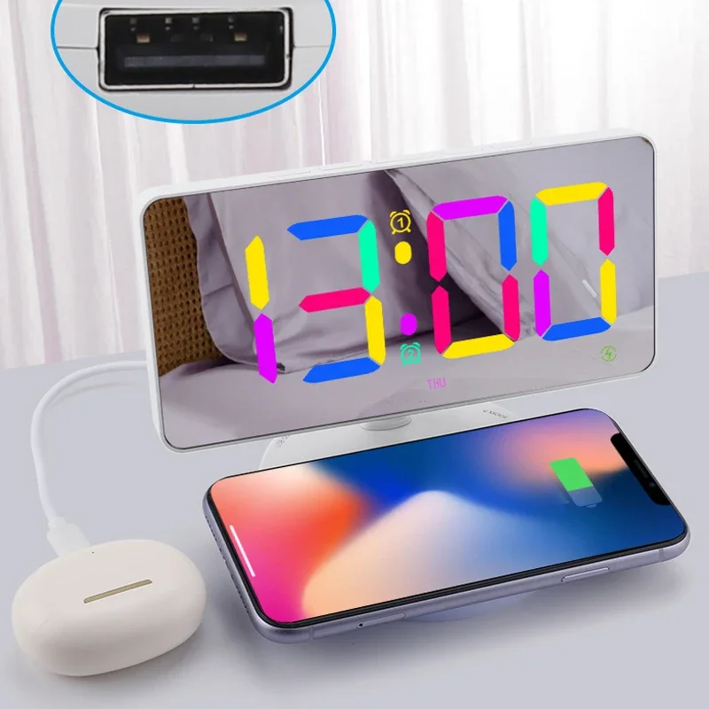 3 In 1 Multifunctional Wireless Charging Stand LED Digital Alarm Clock With Colorful RGB Night Light  Mirror Alarm Clock Holder