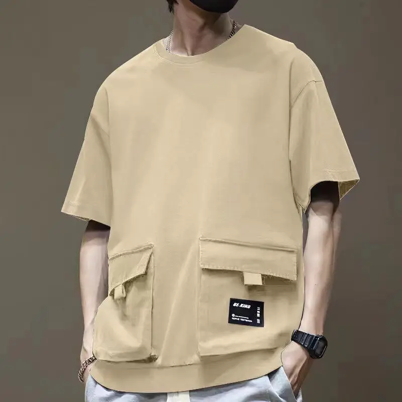 Men Cargo Short Sleeve T-shirt Cotton Round Collar Sports Pocket Running Tee High Street Dropped Shoulder Half Sleeve T-Shirts