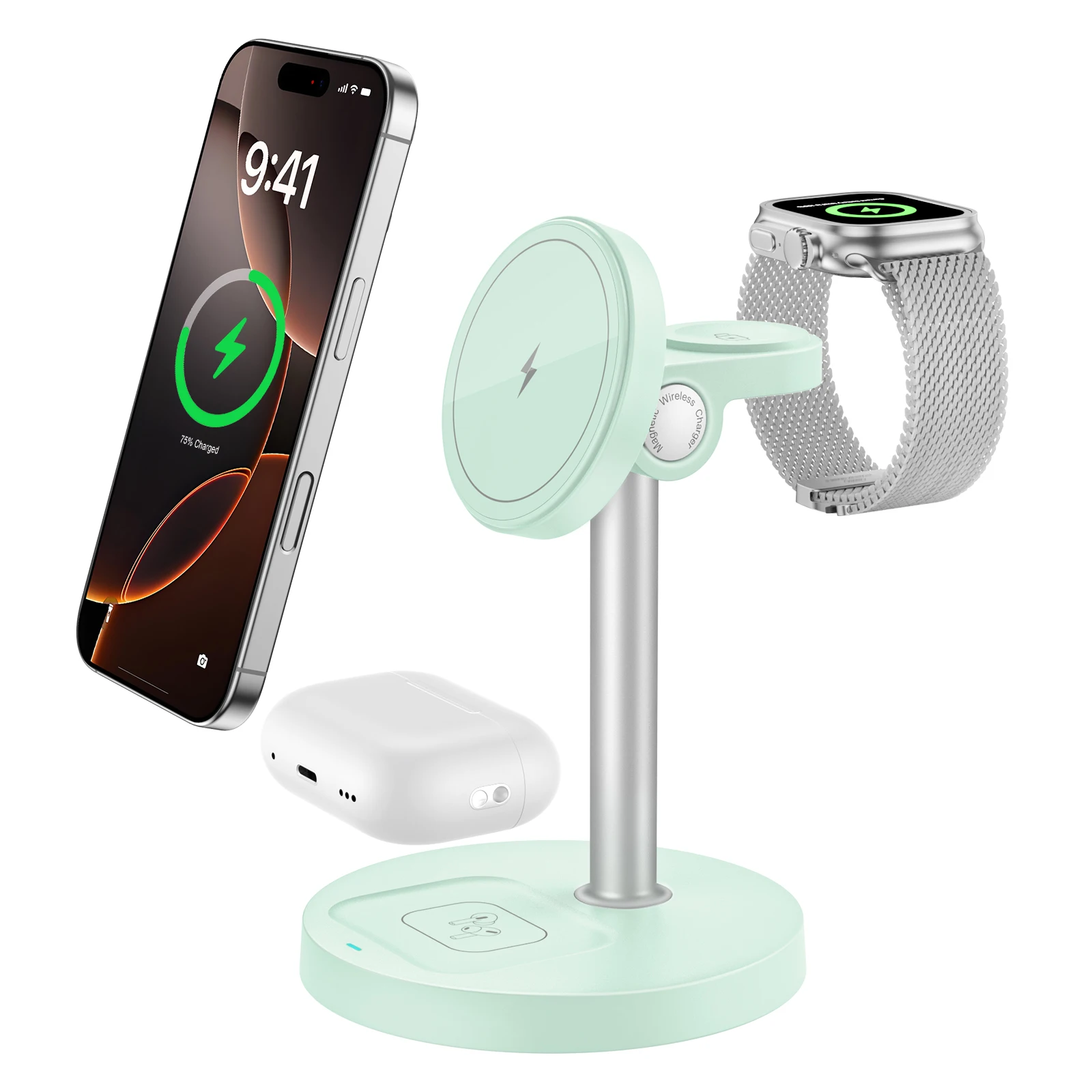 15 W schneller kabelloser Ladeständer, 3-in-1 magnetisches kabelloses Ladegerät für iPhone 12–16-Serie, iWatch und AirPods, einstellbarer Winkel