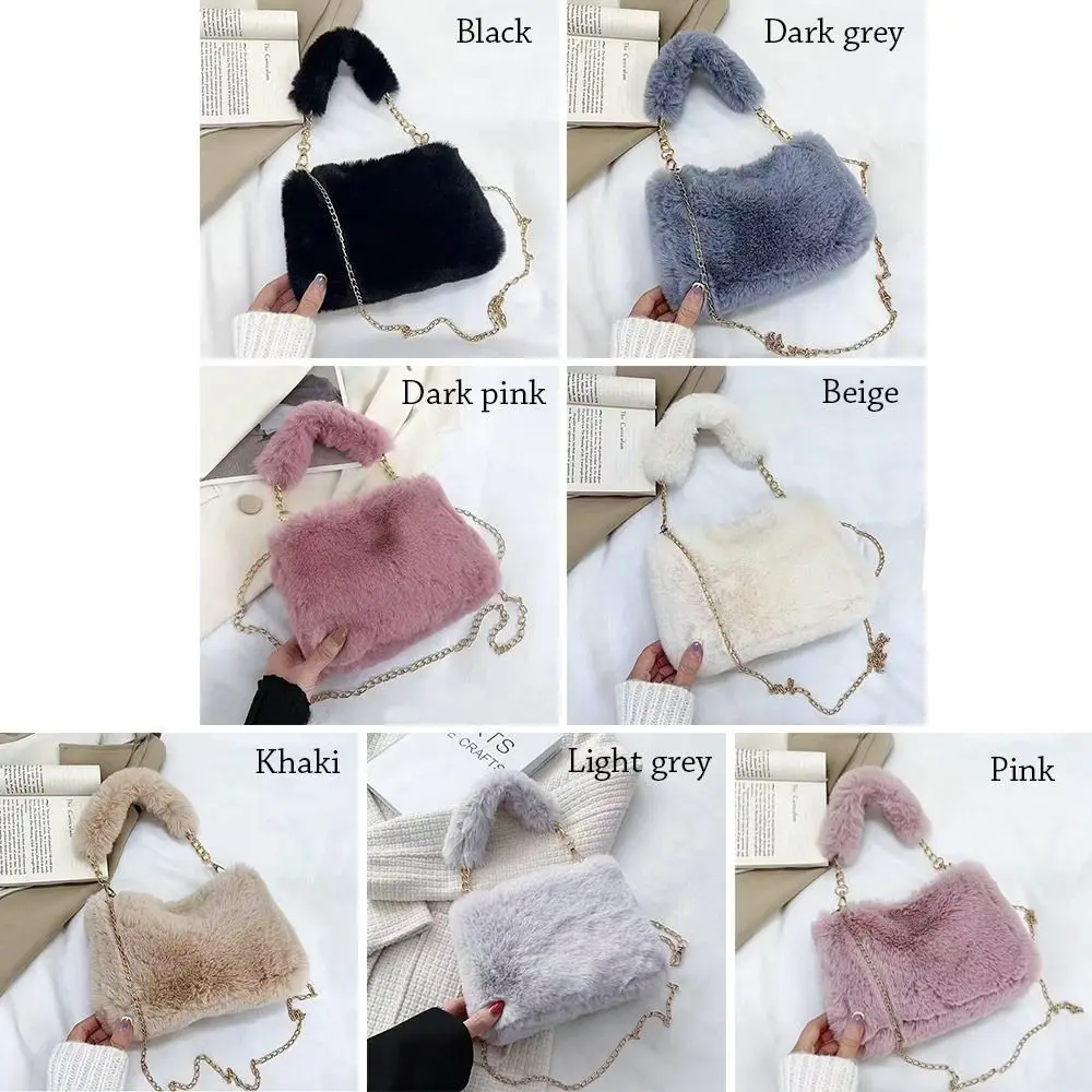 Fashion Women Fluffy Shoulder Bags Female Winter Chain Underarm Bag Solid Color Handbag Soft Plush Handle Bag