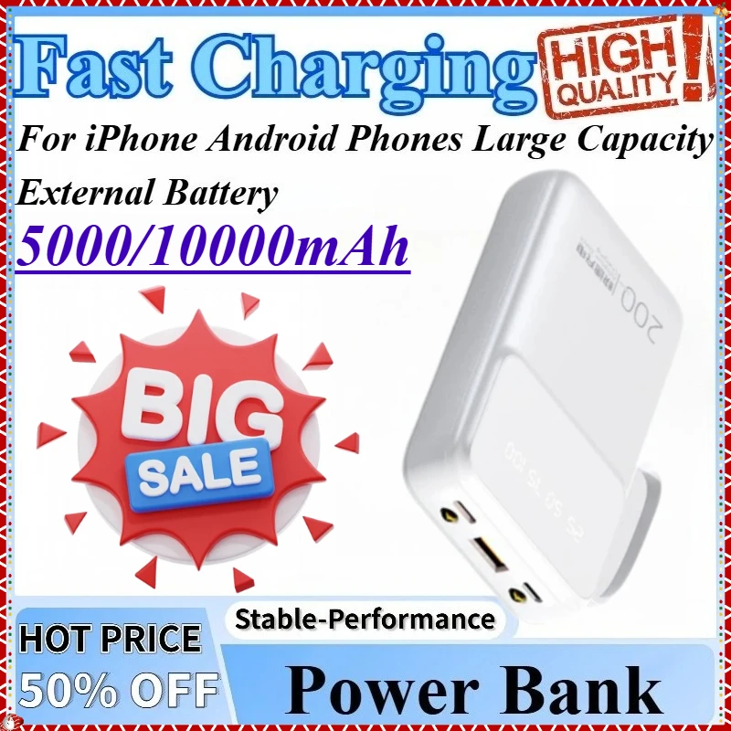 

5000/10000mAh Fast Charging Mini Power Bank Built-in Cable Compatible For iPhone Android Phones Large Capacity External Battery