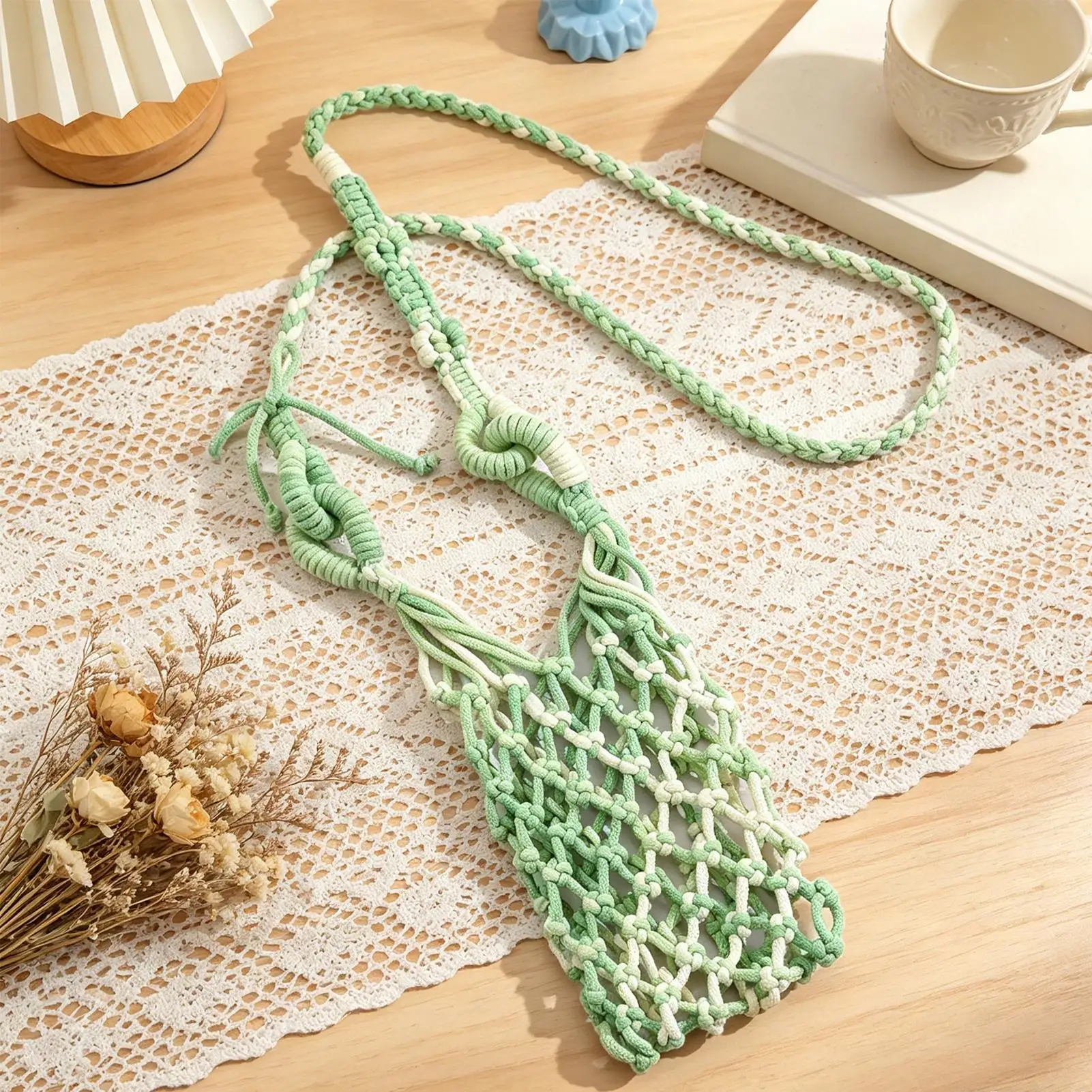 Hands Free Crochet Wine Glass Crossbody Bag Boho Woven Lanyard Holder Phone Cola Beverage Bottle Female Party Beach Craft view 4