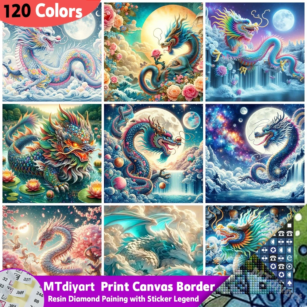 Printed Canvas Border 120 Colors Resin Diamond Painting Symbol Stickers Chinese Cloud Dragon Moon Full Drill Landscape Mosaic
