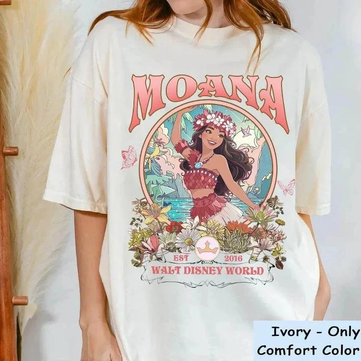 Disney Moana 2 Movie Floral Retro T-Shirt Disney Princess Ariel Tee Disney Rapunzel Tiana Shirt Magic Park Disney Princess Tee