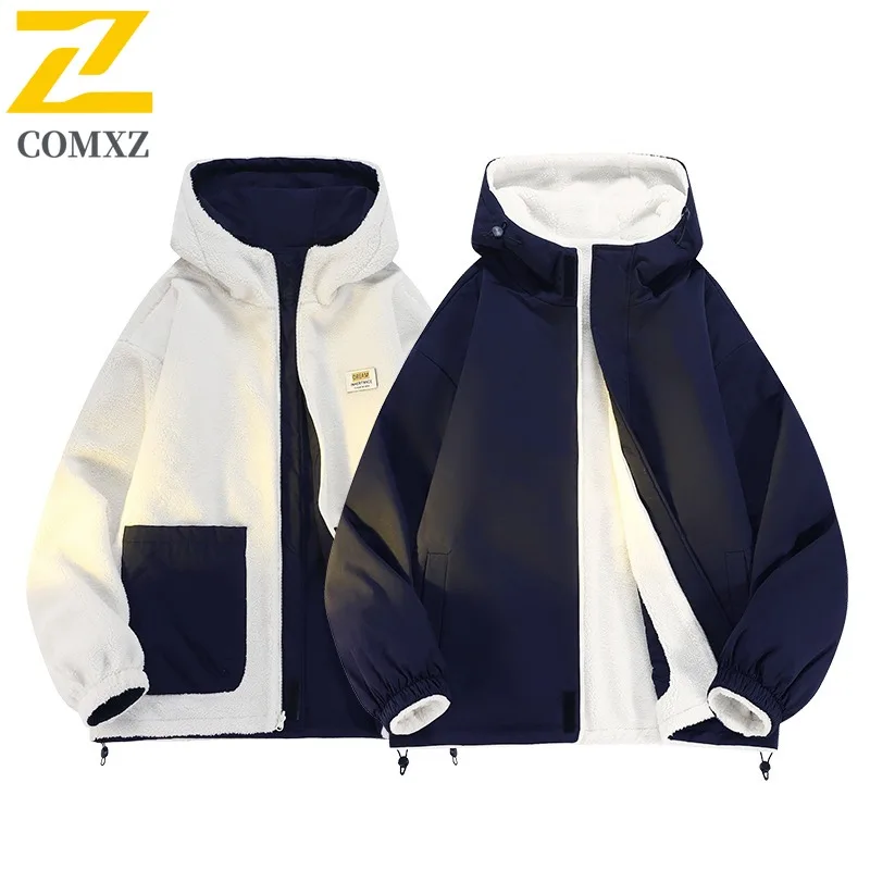 COMXZ 2025 Mens Reversible Sherpa Lined Winter Jacket Hooded Unisex Cotton Coat Fashion Casual Warm Outwear for Teens Adults
