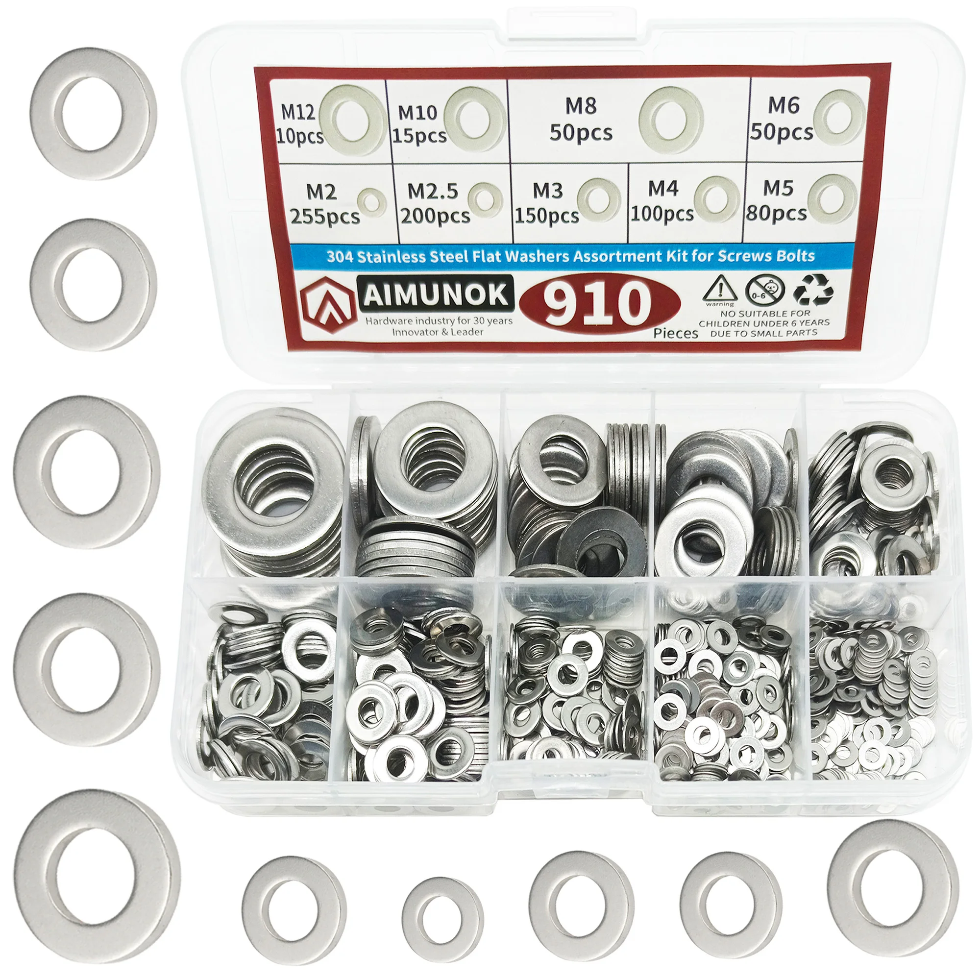 Kit surtido de arandelas planas de acero inoxidable 304, 910 piezas, 9 tamaños (M2 M2.5 M3 M4 M5 M6 M8 M10 M12), adecuado para decoración del hogar