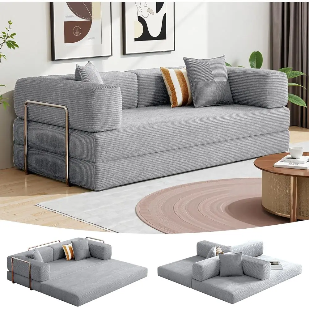 

Convertible Sofa Bed with Corduroy Fabric, Side Pockets & Fixed-Shape, 5-in-1 DIY Couch for Living and Bedroom (Gray, 79)