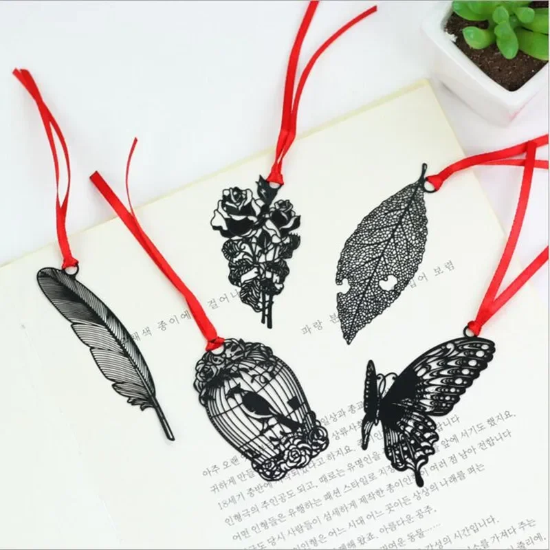 5pcs Black Hollow Metal Bookmark DIY Label Student Gift Funny Reward Office Supplies Butterfly Feather Animal Cute Stationery