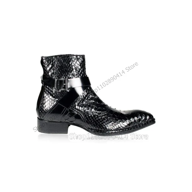 

Black Crocodile Print Belt Fastener Decor Boots Fashion Side Zipper Men Boots Luxury Handmade Party Feast Office Men Dress Shoes