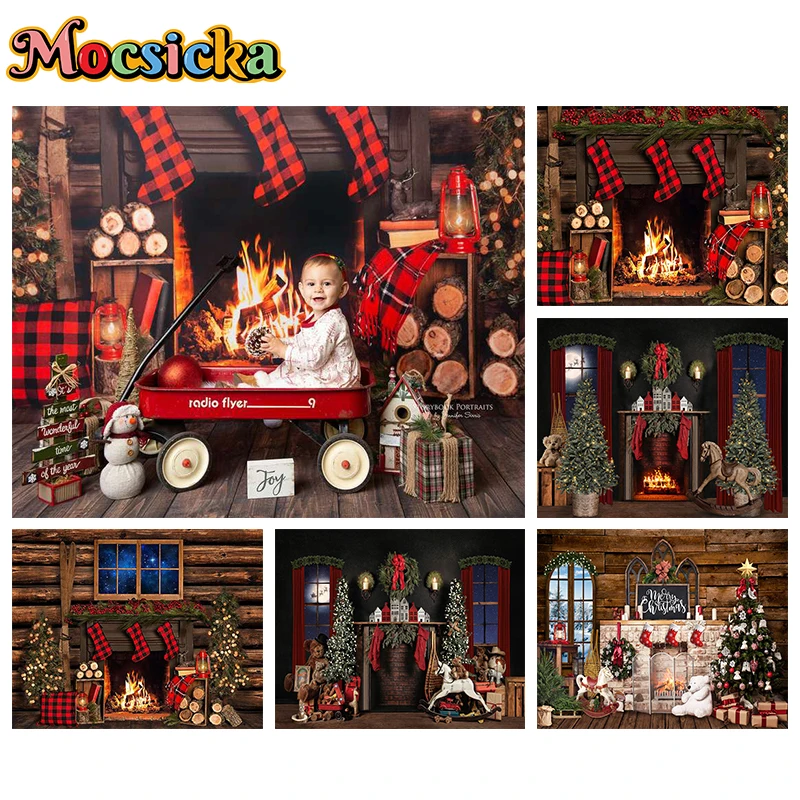 Mocsicka Christmas Decoration Photography Background Xmas Tree Vintage Wooden Fireplace Bonfire Socks Gifts Photo Backdrop Props