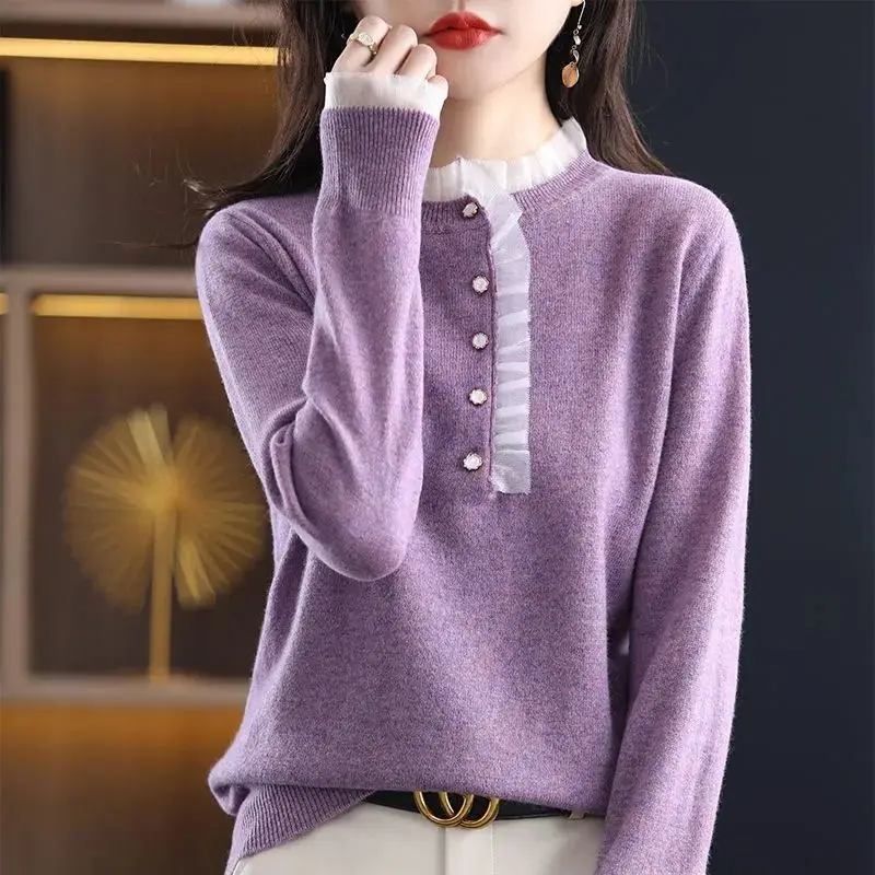 Women Autumn Winter Simplicity Loose Net Yarn Solid Color O-neck Long Sleeve Knitwear Ladies Casual All-match Knitting Tops