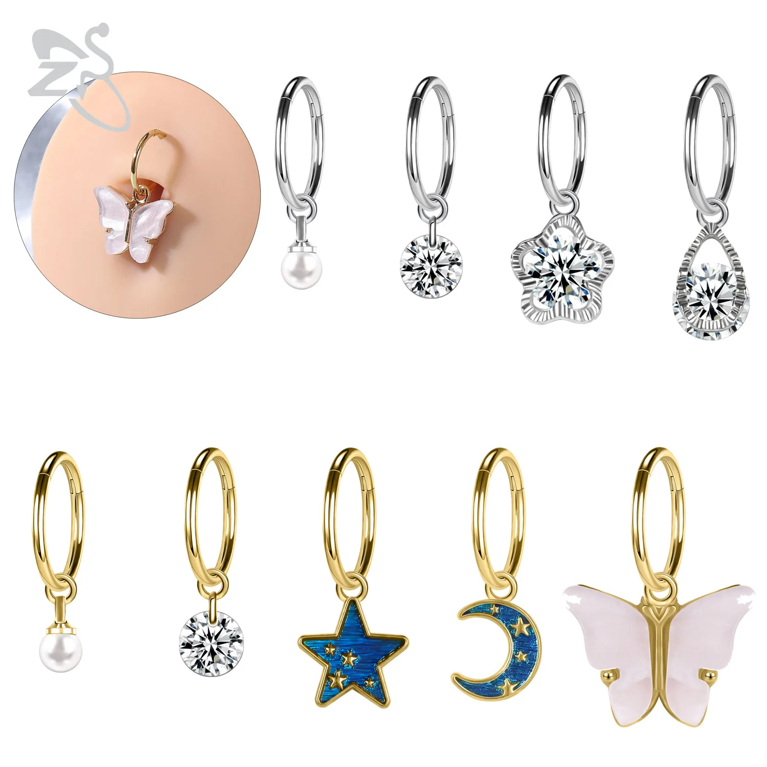 ZS 1PC 316L Stainless Steel Navel Ring for Women Girls White Pearl Belly Piercing Star Moon Butterfly Shape Belly Button Rings