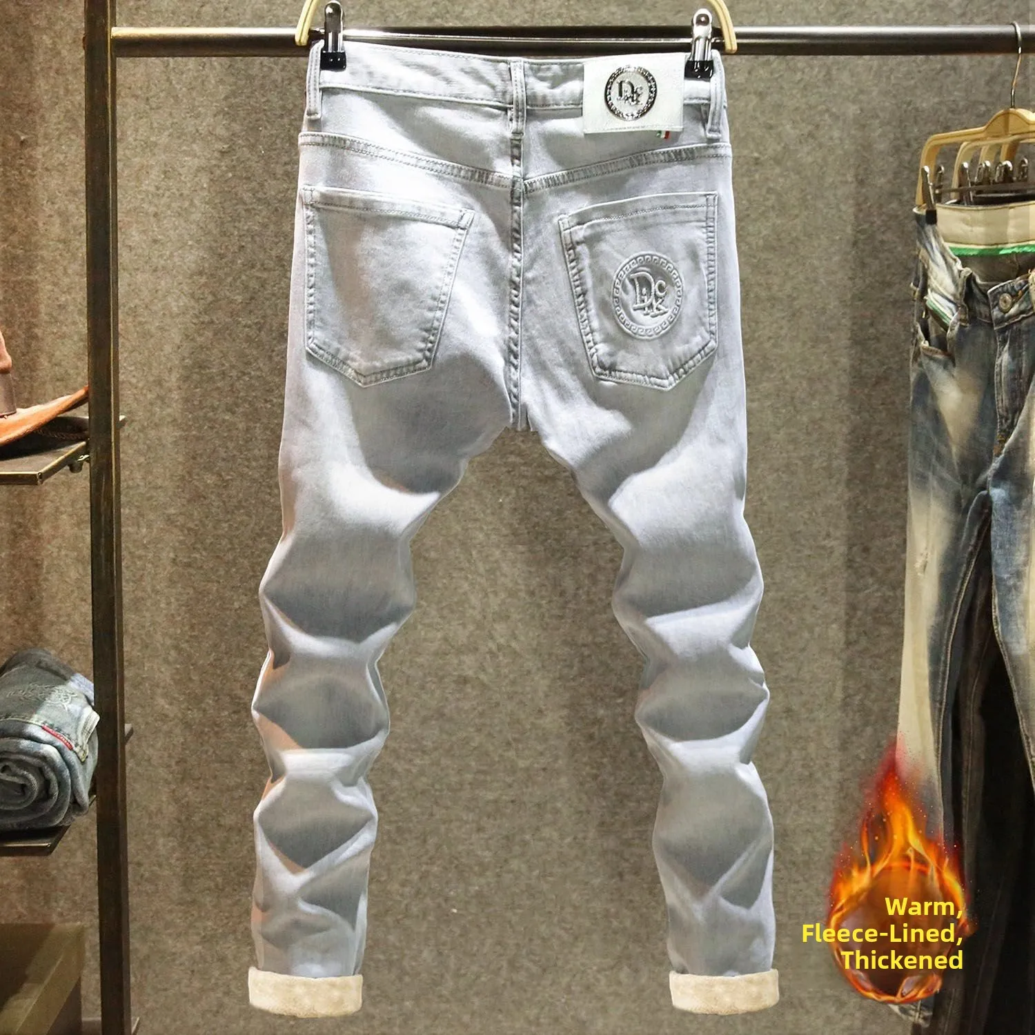 

Thiened Fce Slim Fit Jeans Men's Casual Winter High Waist ket Design Stand Fit Long Pants Warm And Sli