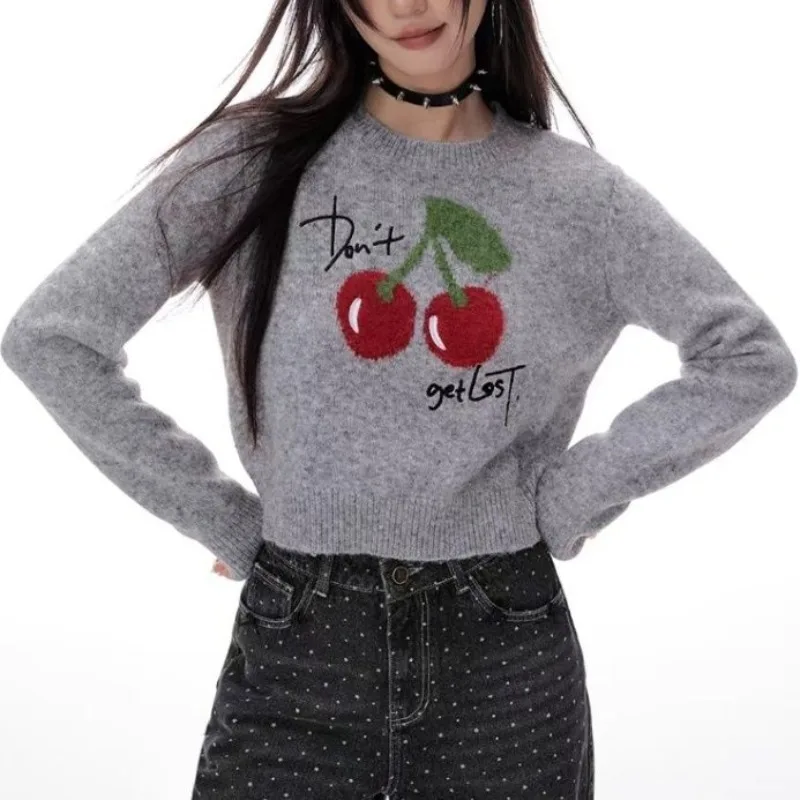 Winter Sweet Mori Girl Jacquard Sweater Cute Cherry Pattern Y2K Jumper Tops Women Korean Style Loose Crop Tops Streetwear Casual