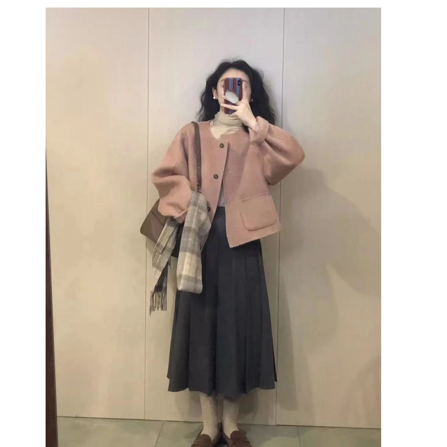 Abrigos de mezcla de lana Abrigo de lana para mujer Algodón añadido Otoño Tweed Bloqueo de color Cremallera Cortada Cuello alto Manga de globo Cara