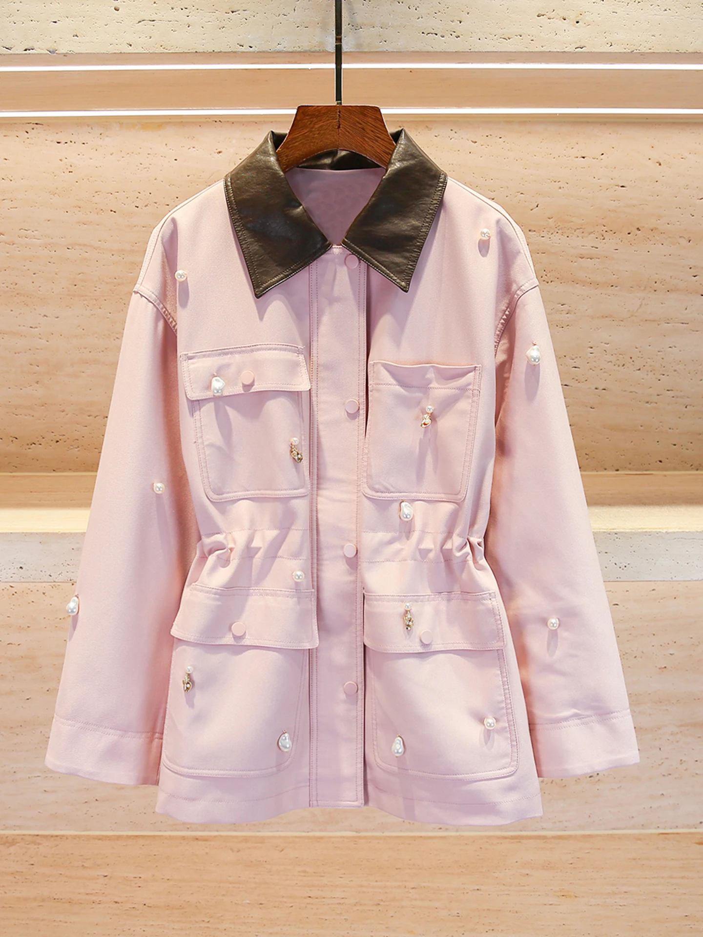 

Милое розовое осенне-зимнее пальто с бисером, приталенное на талии, верхняя одежда, свободный крой, длинный све, на одной пуговице