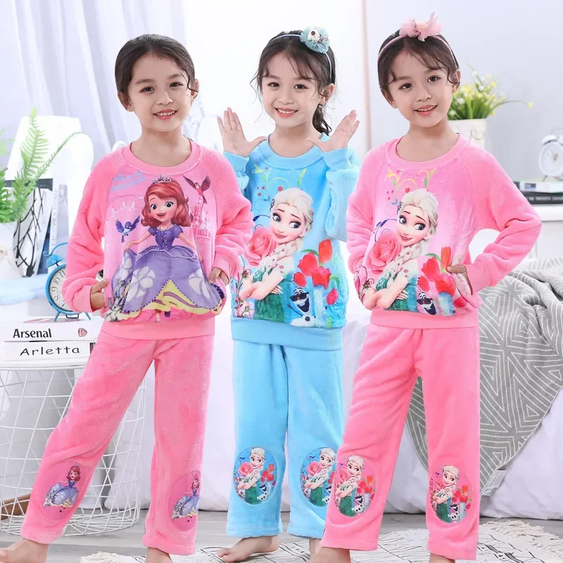 New Autumn Winter Girls Pajamas Sets Children Clothing Frozen Elsa Cartoon Flannel Long sleeves Tops Pants Suits Kids Sleepwear