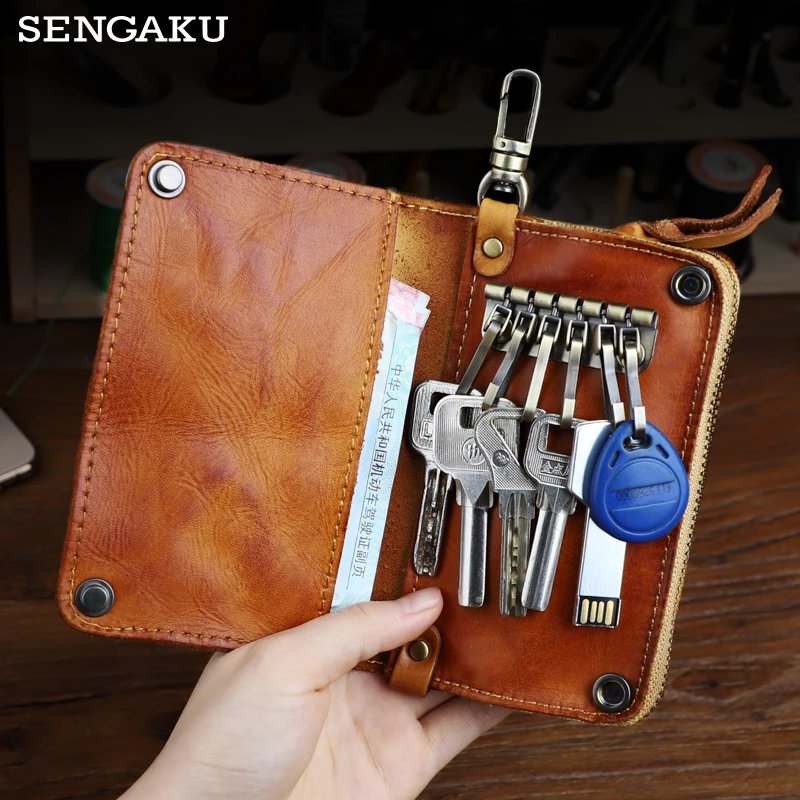 Vintage Key Wallet For Men Handmade Genuine Leather Smart Key Ring Zipper Coin Purse Card Slot Housekeeper Key Chain Bag